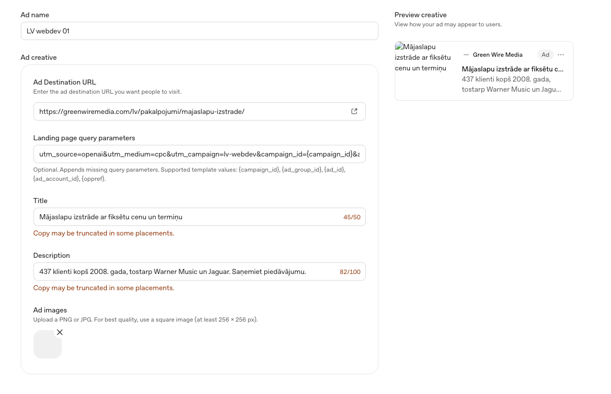 The ad creation screen with a Latvian title and description, both showing a truncation warning, next to a preview of the ad as a card with an Ad badge