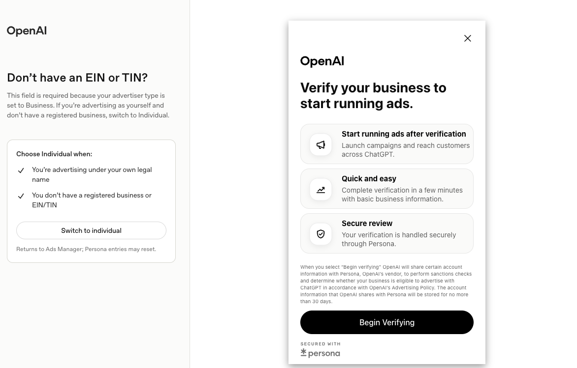 The OpenAI business verification modal, which runs through Persona, beside a panel explaining that the Business advertiser type requires an EIN or TIN