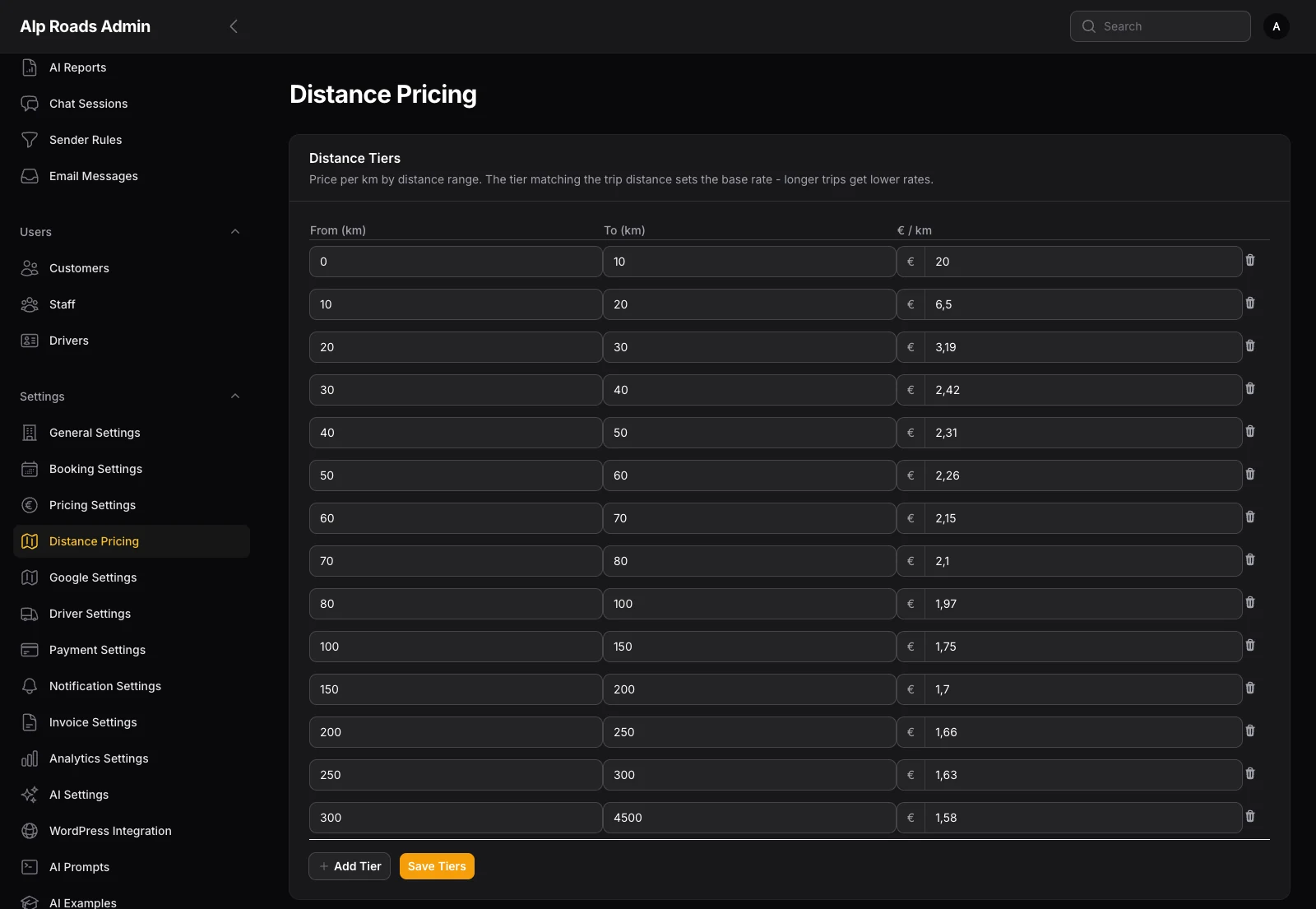 Distance tiers, priced per kilometre - the pricing engine behind every quote
