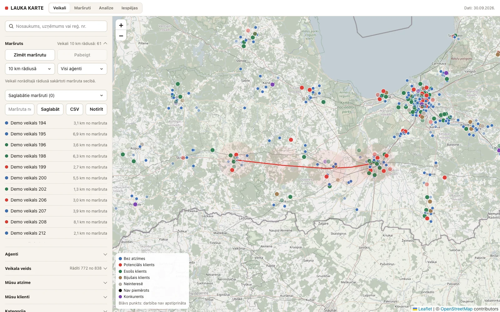 Maršruts un veikali 10 km rādiusā ap to, sakārtoti secībā, kādā ceļš tiem iet garām