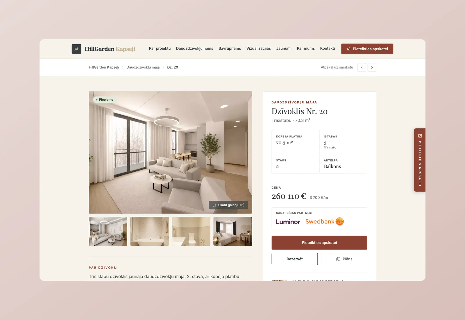 An apartment page: photos, key facts, price and the booking buttons
