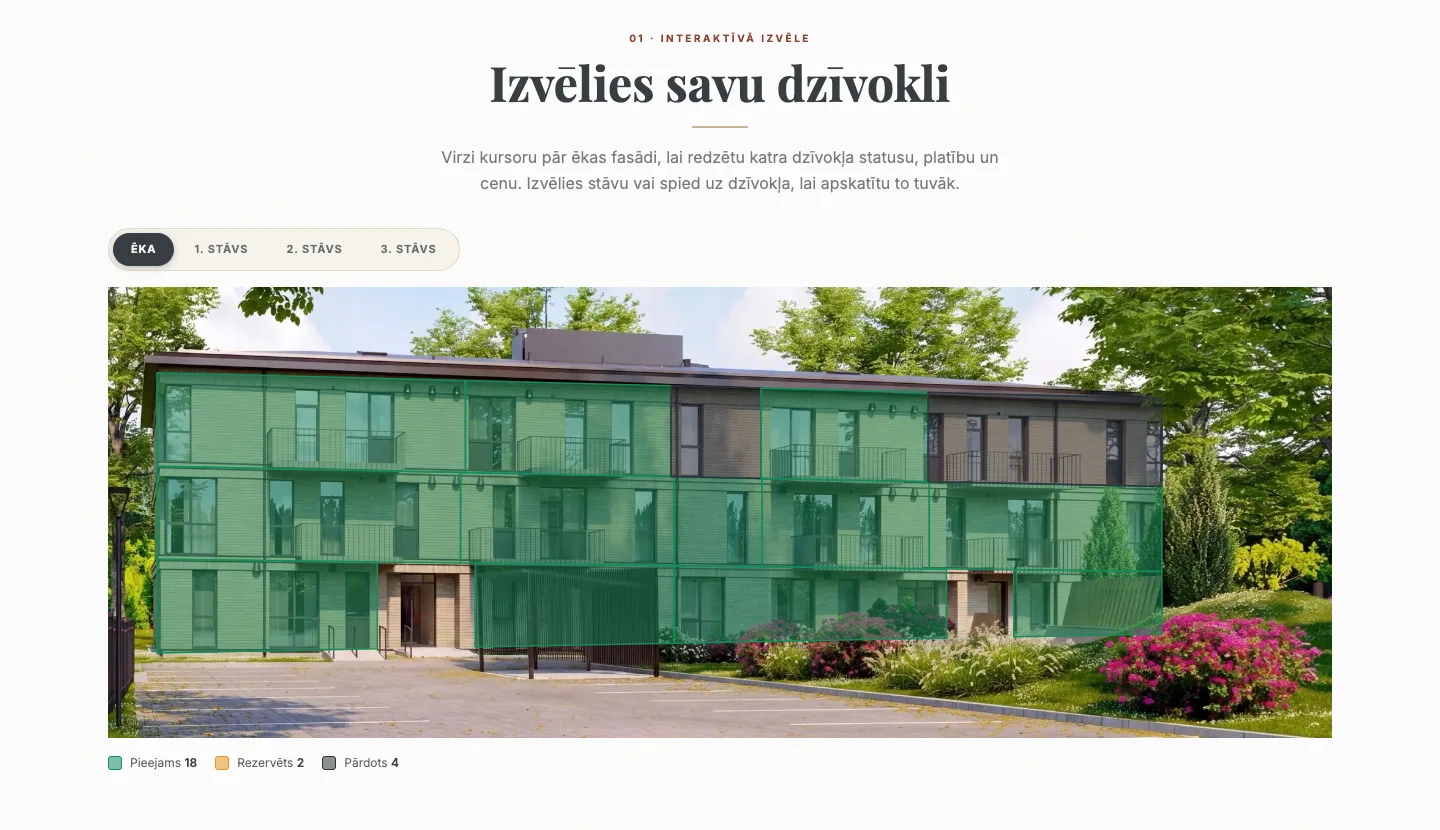 The facade selector: every apartment traced on the render and coloured by status