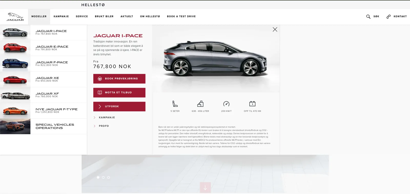 The model menu with a car panel open - spec icons, price from and the mandatory WLTP disclaimer, all in one hover state
