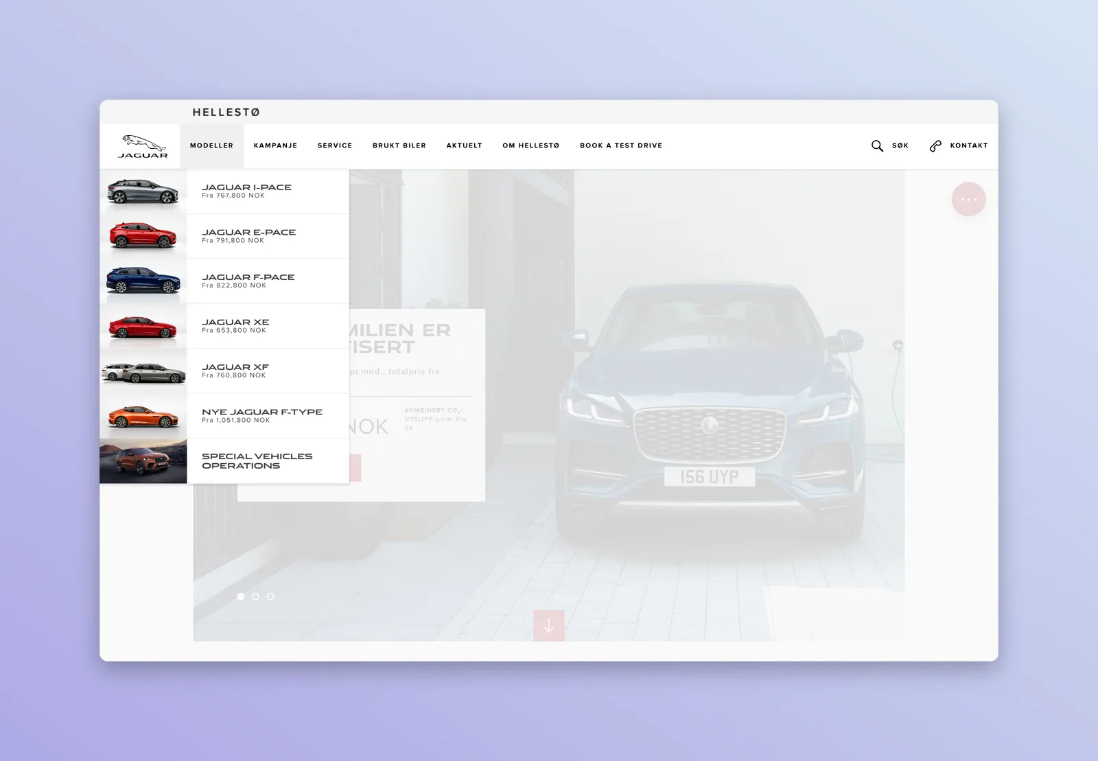 The full model range in the menu, each car with its price from