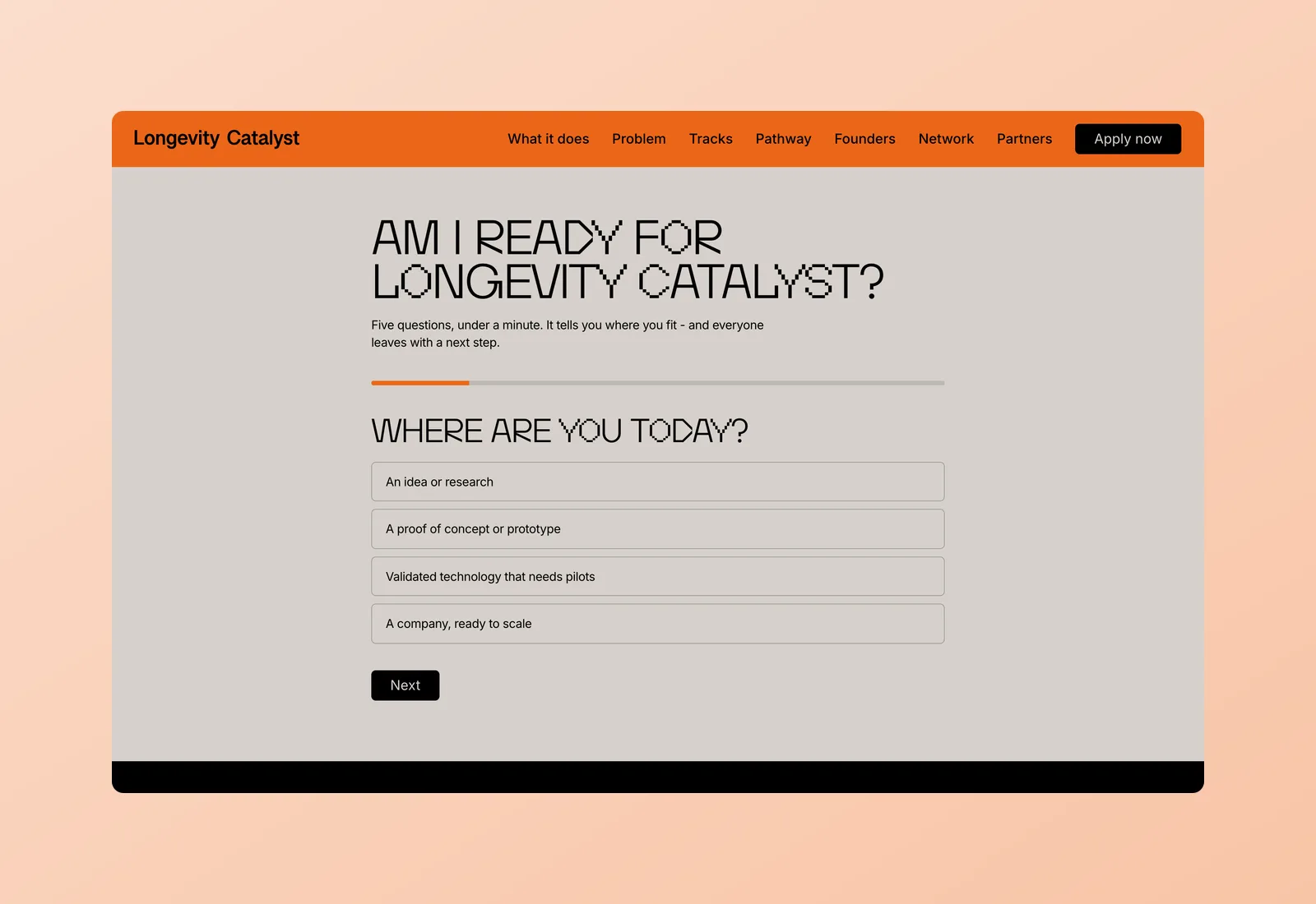 The founder self-assessment on longevitycatalyst.vc - five questions with a progress bar, built as a page of its own