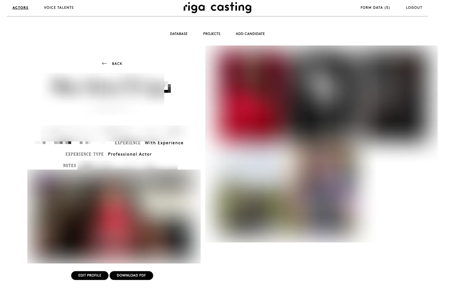 An actor profile - photos, showreel and details, with one-click PDF export