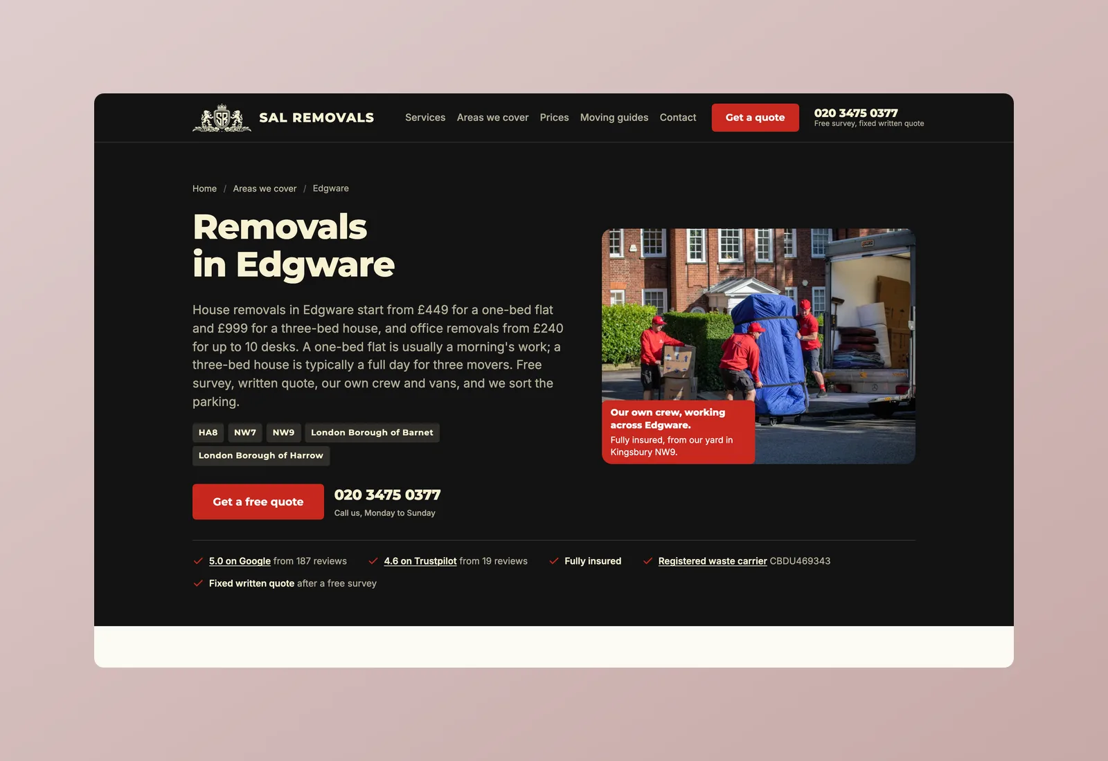 An area page: local prices, postcodes and the crew at work