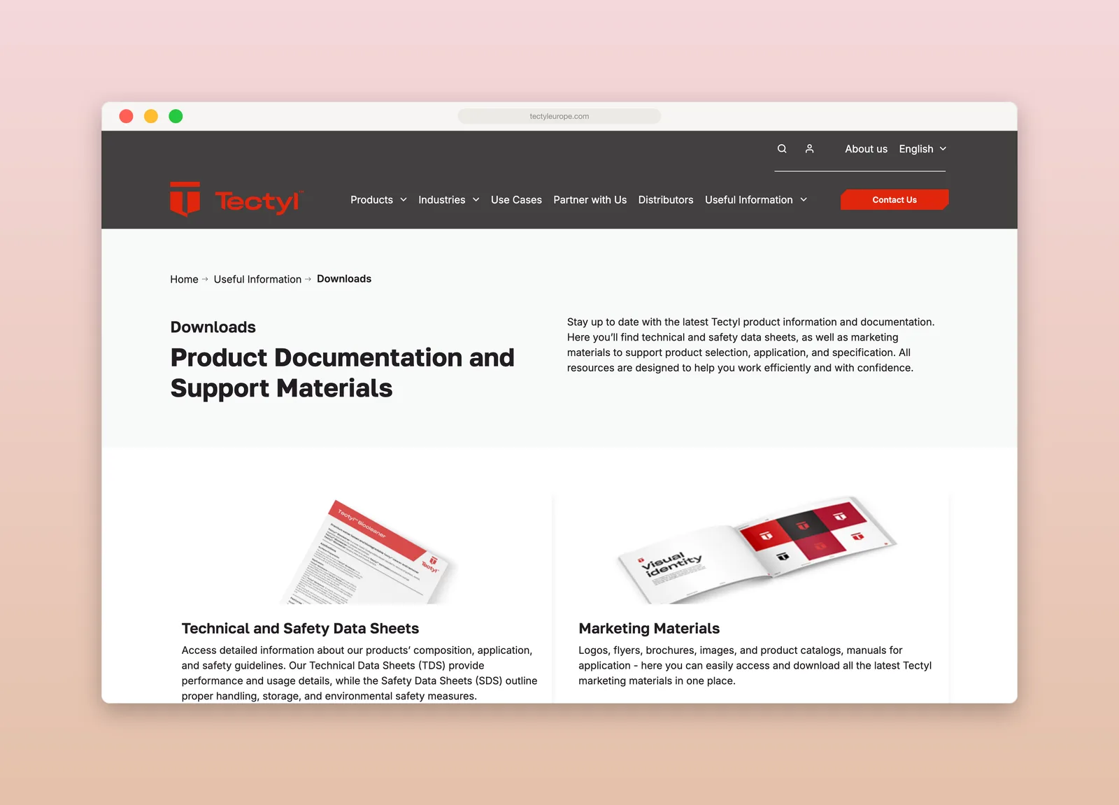 The downloads hub - technical data sheets, safety data sheets and marketing materials, each served by the document service