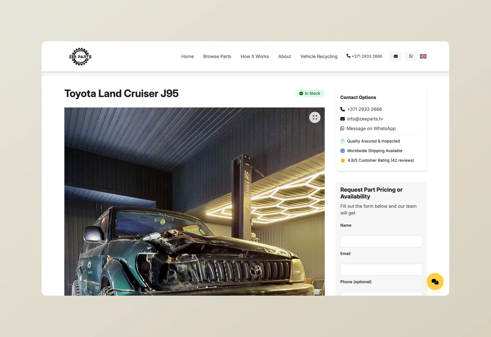 A vehicle page with its gallery and the pricing request form