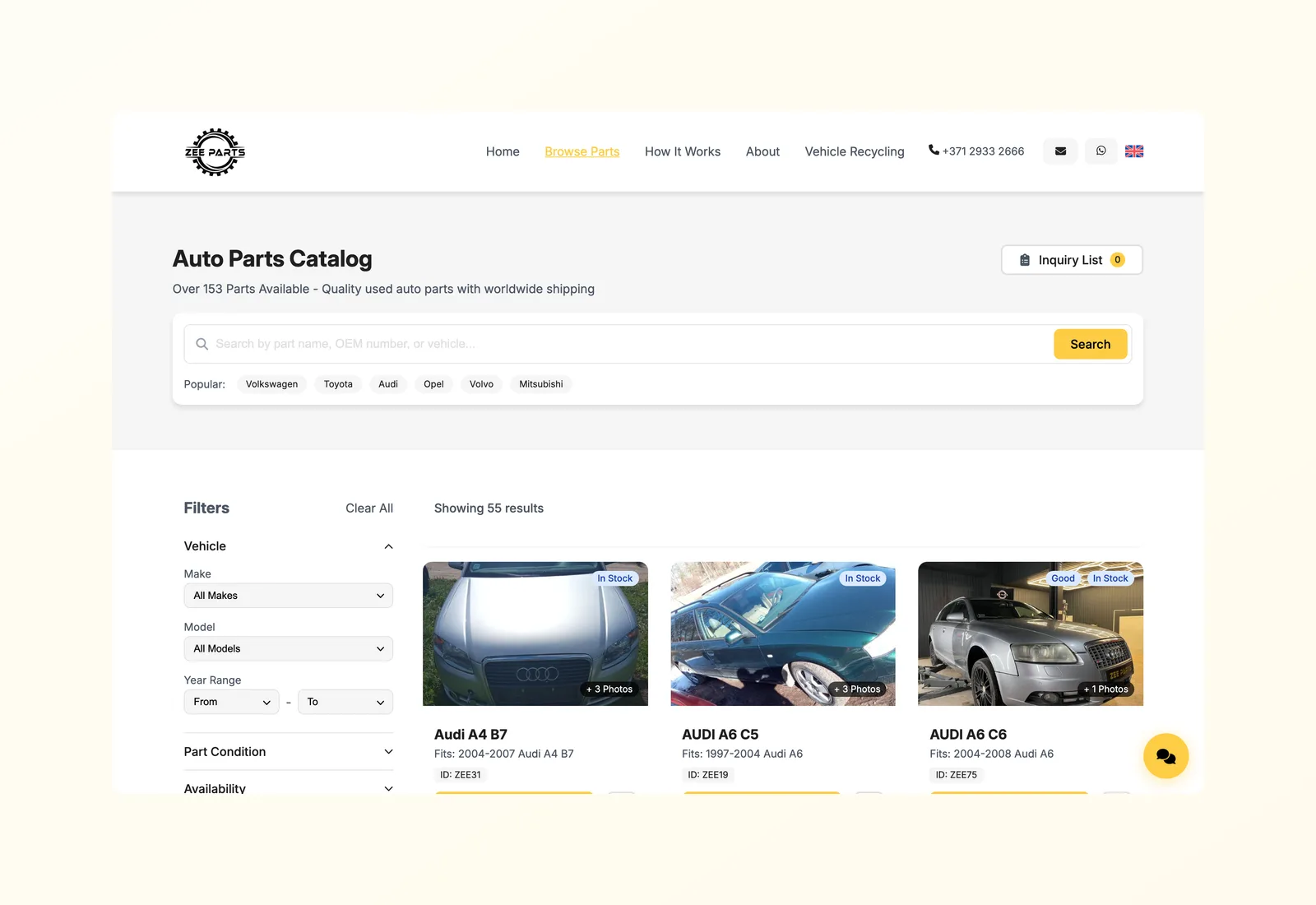 The parts catalogue on zeeparts.lv, filtered by vehicle