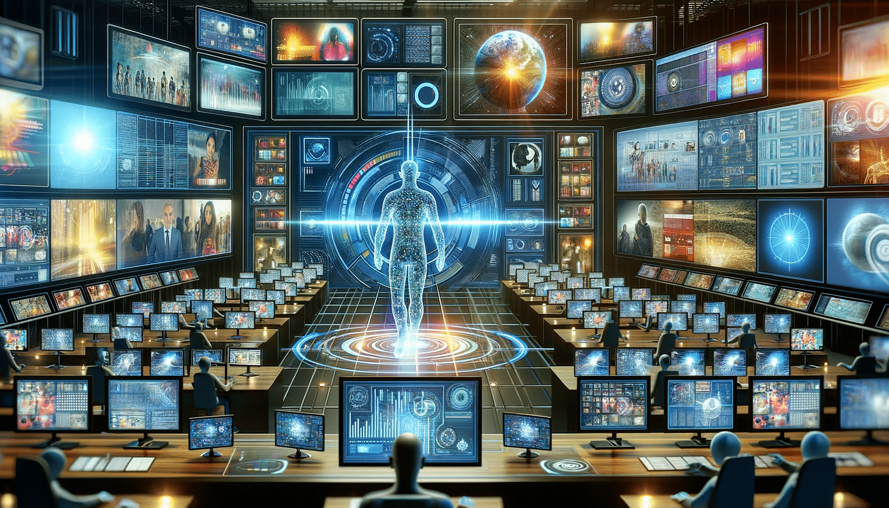 How Media Leaders Will Make AI Work In 2024 GreenWireMedia   DALL·E 2024 01 02 23.26.45 An Imaginative Representation Of The Future Of Media Influenced By Artificial Intelligence. The Image Features A Modern Media Control Room Filled With 